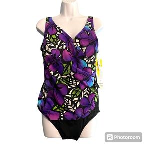 NWT Longitude Side Shirred Surplice Purple Black Floral One Piece Swimsuit 22W